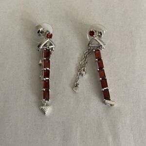 STS Karis Signed Silver Tone Red Baguette Drop Earrings w Chain Accent 2in Posts